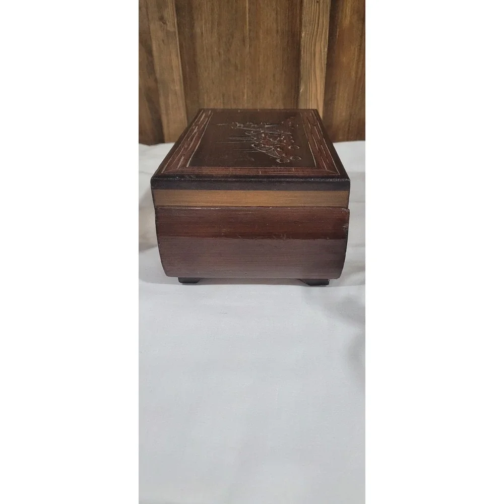 Vintage 1960's Wooden jewelry box with carved Asian Motifs